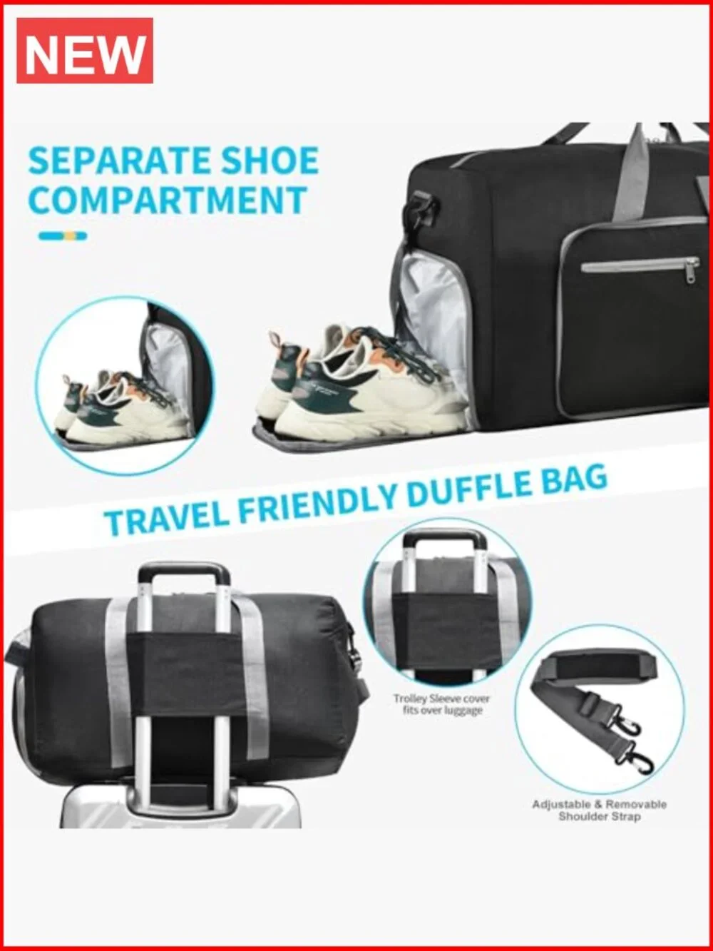 Duffle Bag with Shoes Compartment Foldable Travel Duffel Waterproof 65L